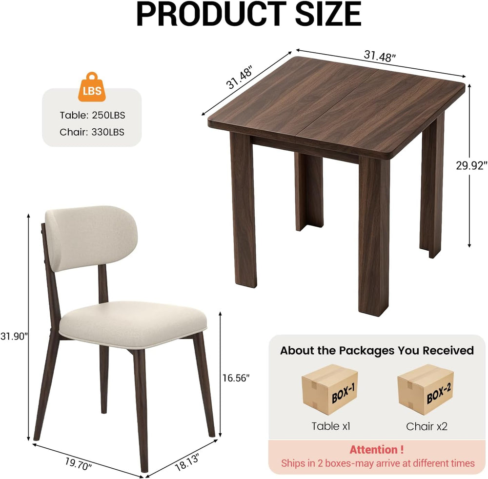 31.5" Square Dining Table Set for 2, with 2 Walnut Metal Legs Dining Chairs