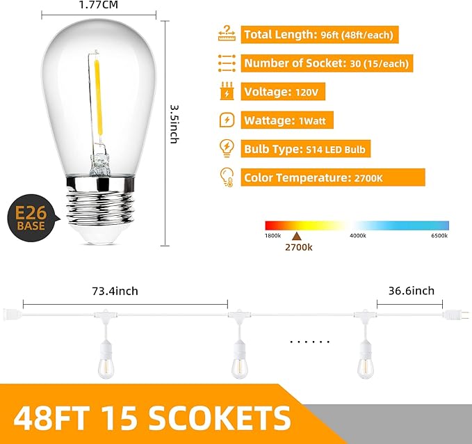 96FT(48×2) Outdoor String Lights, Commercial Grade Heavy Duty White Wire Pati...