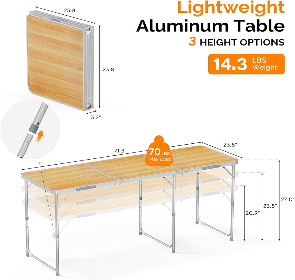 VINGLI 6ft Folding Camping Table with Carry Handle,Portable Utility Table Mul...