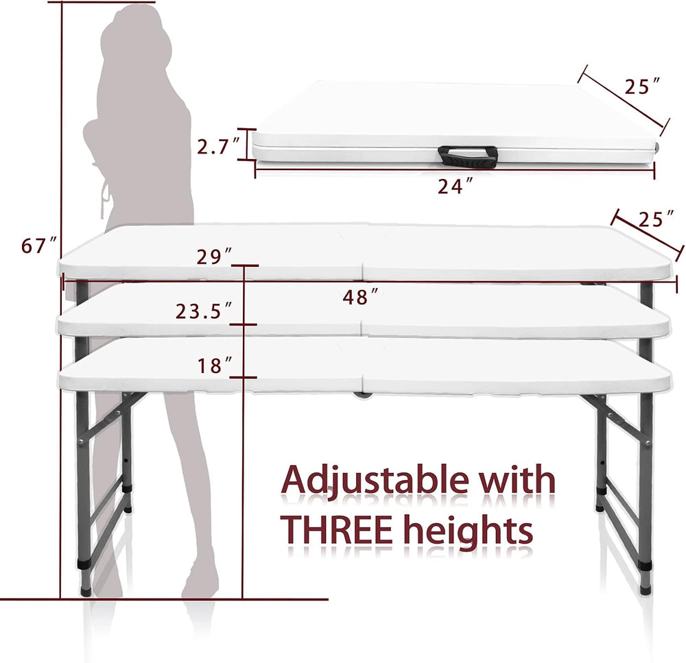 4FT Folding Utility Table, Height Adjustable, Fold-in-Half with Handle