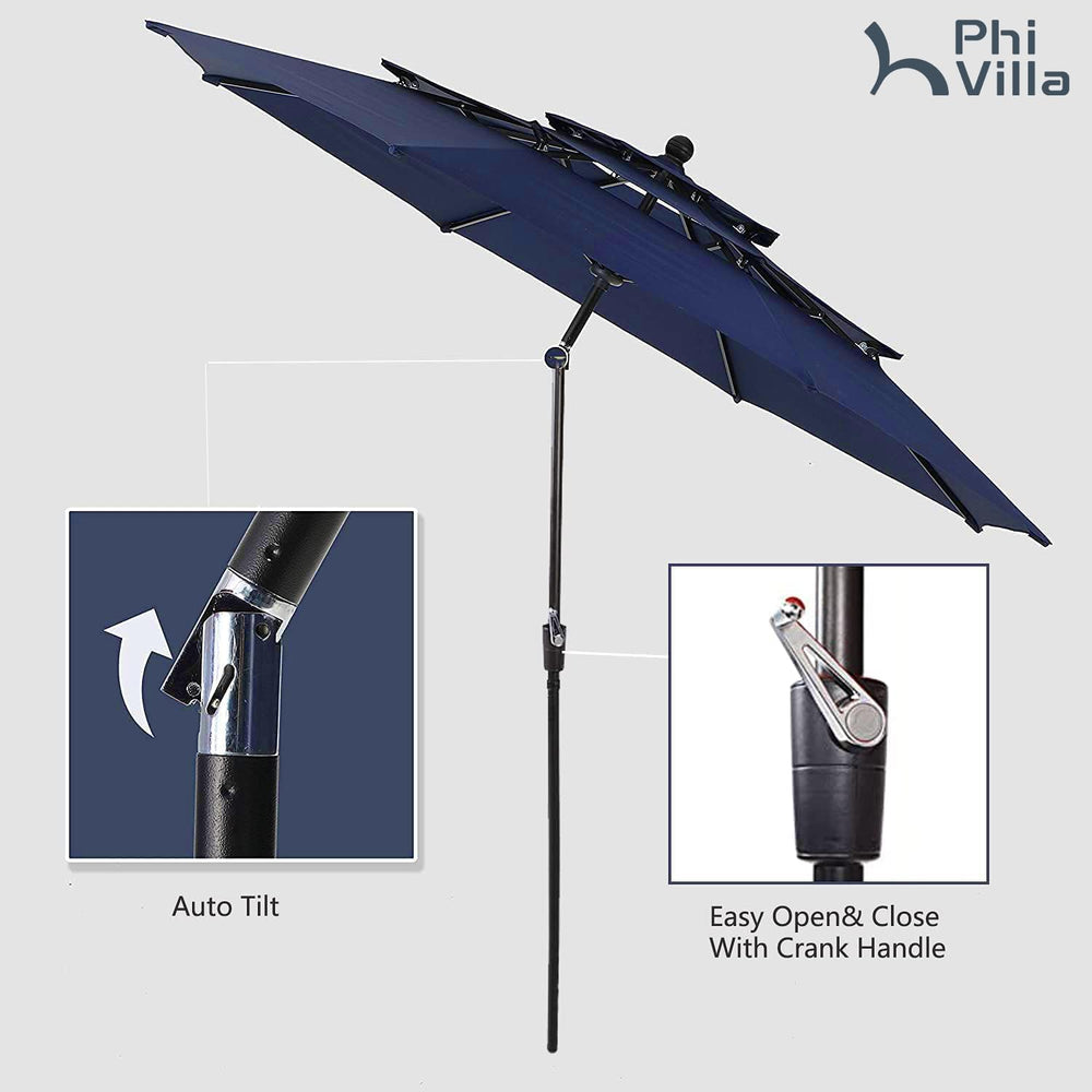 PHI VILLA 5pc Patio Dining Set with 10ft Blue Umbrella, 4 Rattan Chairs