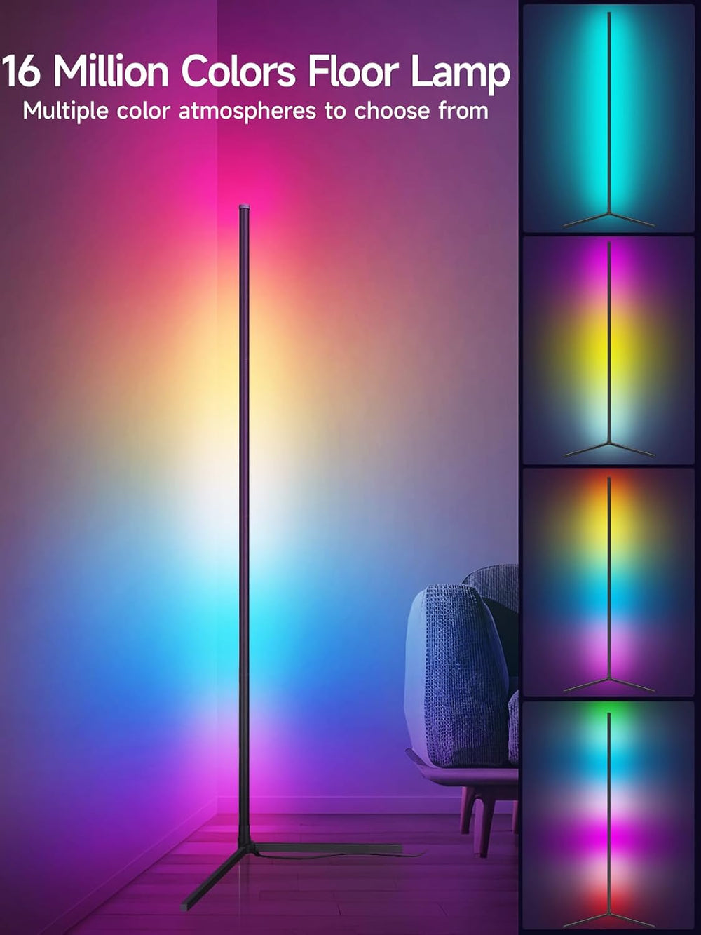 Tyute Corner Floor Lamp, RGB LED Corner Lamp with Music Sync, Smart App and R...