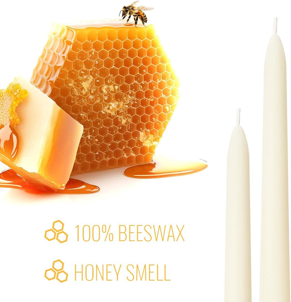 Ivory Beeswax Taper Candles- 9 Hour Burn Time,Pure Natural Hand Poured Beeswa...
