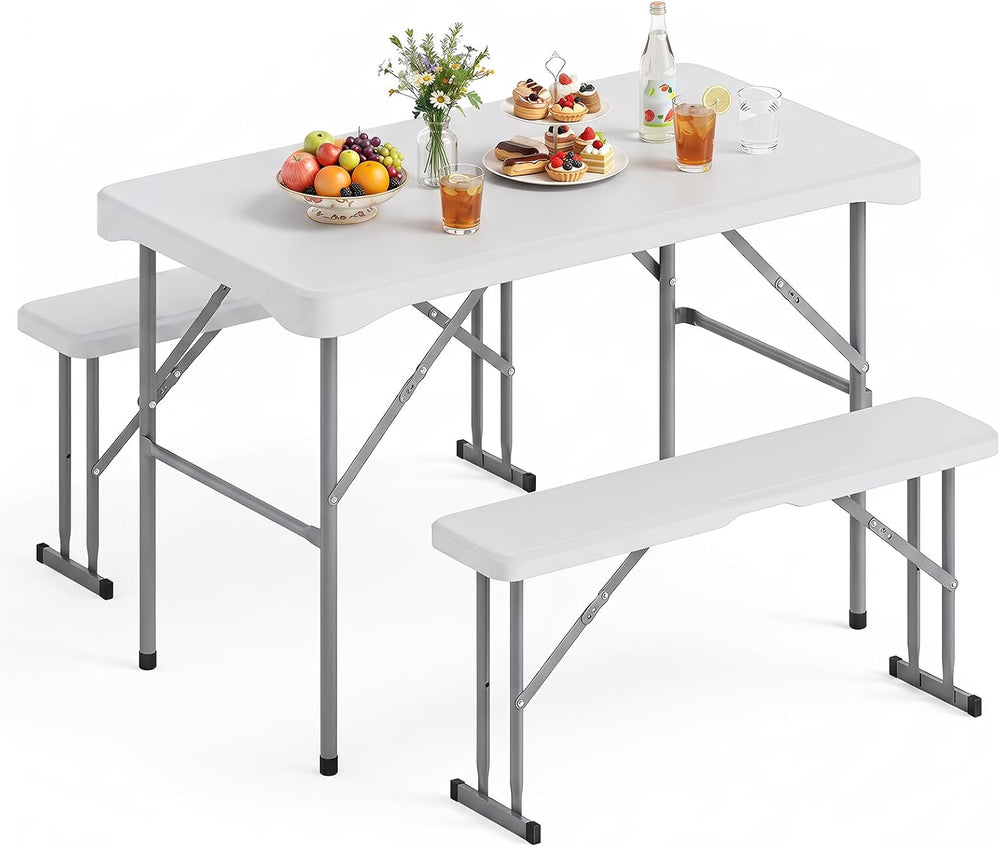 GIANTEX Folding Picnic Table Set w/ 2 Benches, 44" HDPE, White