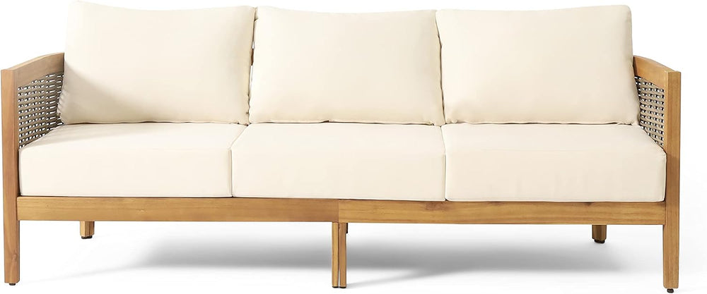 Merax 76.5" Outdoor Acacia Wood Wicker 3 Seater Sofa, Patio Furniture Co...