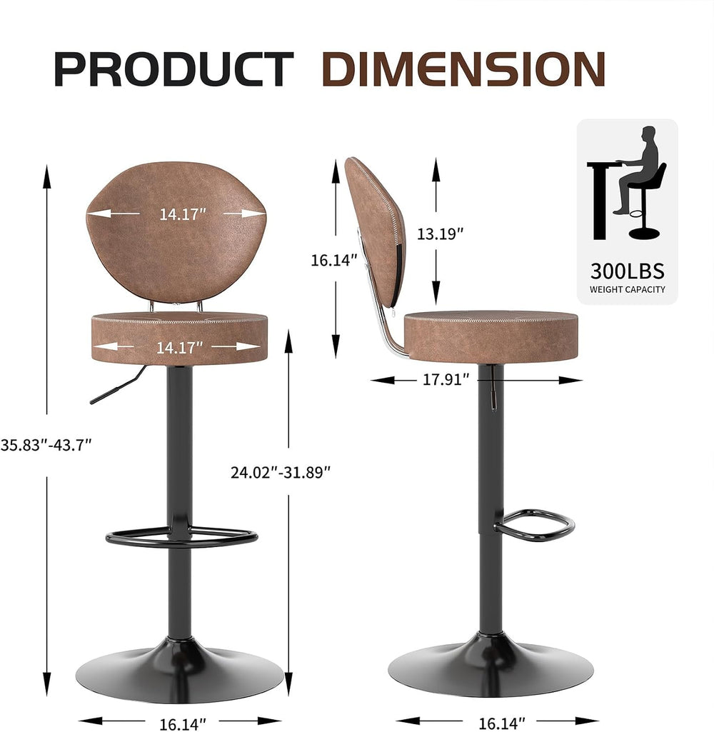 Swivel Bar Stools Set 2, Adjustable Height Suede-Like Leather Brown