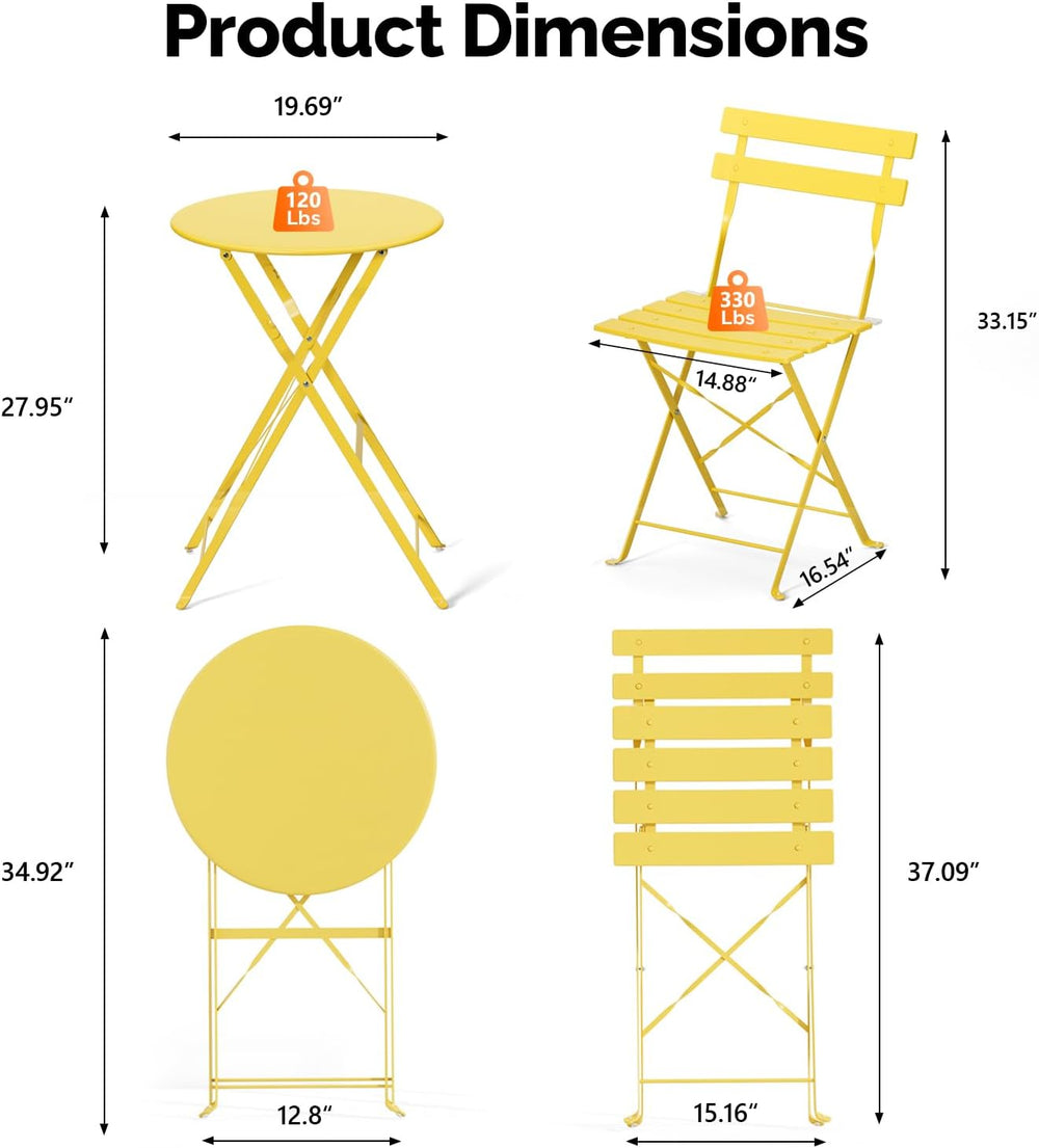 VINGLI Outdoor Folding Bistro Table and Chairs Set of 2, 3-Piece Bistro Set w...