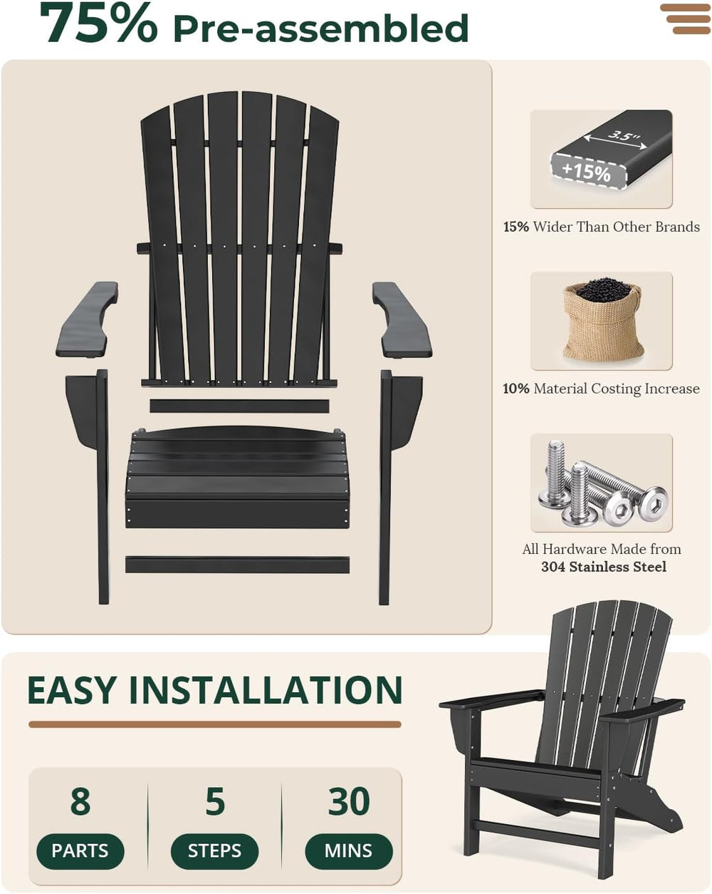 BRIOPAWS Oversized-Adirondack-Chairs Set of 2 | HDPE | All Weather | Black