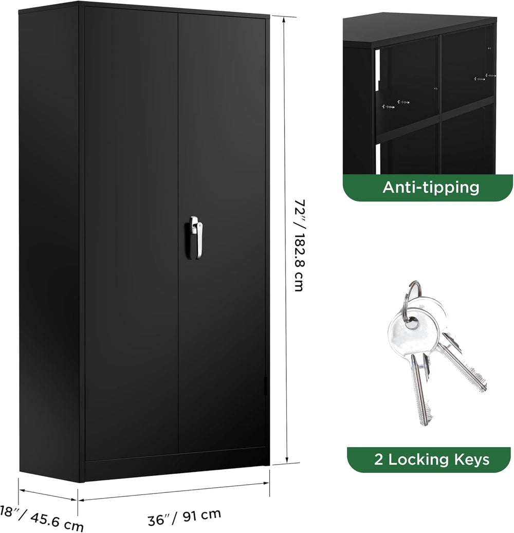 Greenvelly 72" H Metal Storage Cabinet, 36" W x 18" D Black Lo...