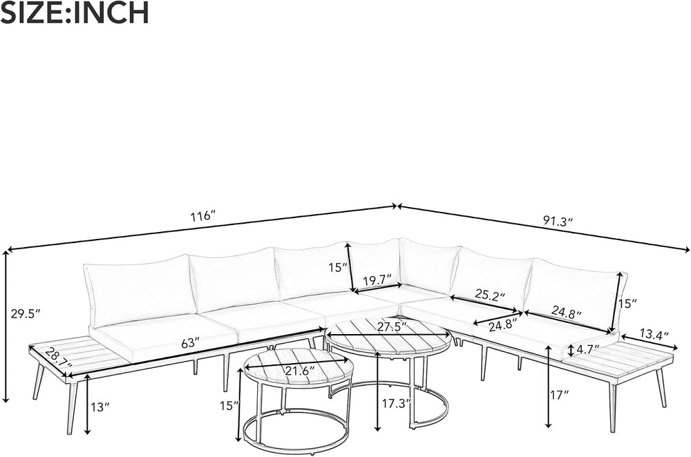 Modern Outdoor Sectional Sofa Set with Round Nesting Coffee Tables (Beige)