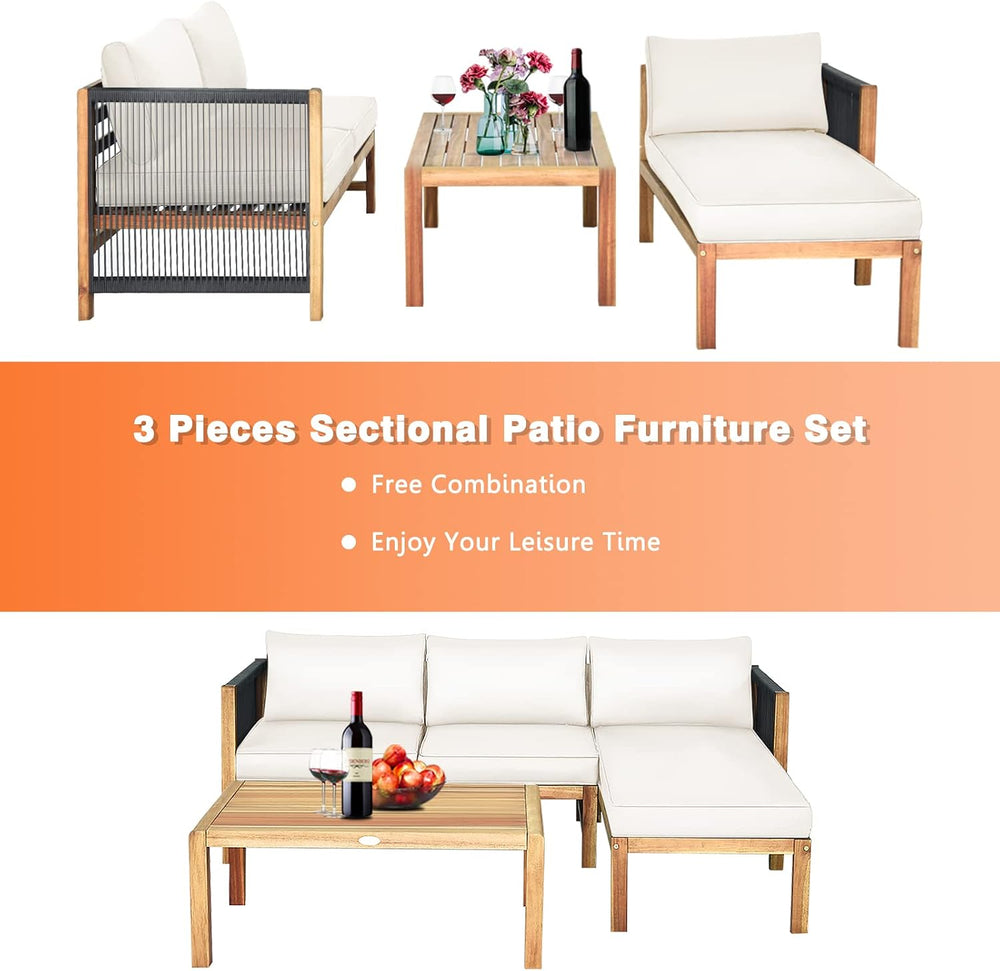 Tangkula L Shape Outdoor Furniture Set, 3 Piece Acacia Wood Patio Conversatio...