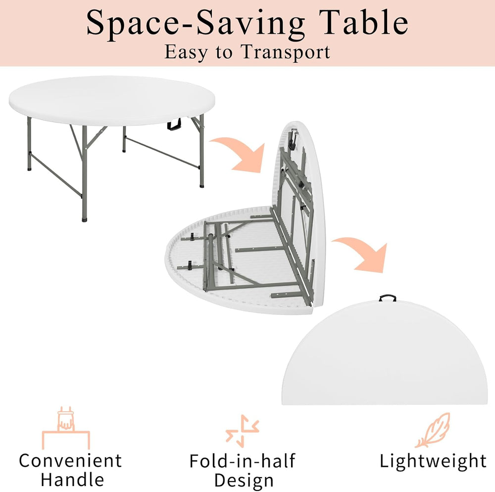 5 FT Round Folding Table | White | Portable Plastic Table