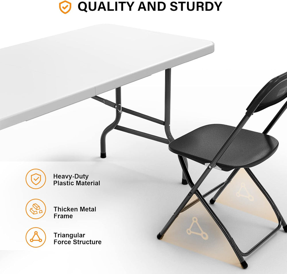 VINGLI 6 FT Plastic Folding Table Set with 6 Black Folding Chairs for Picnic,...