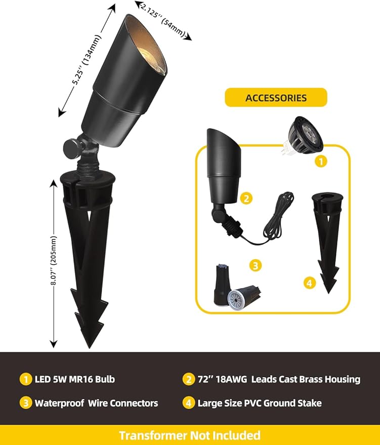 COLOER Brass Low Voltage Landscape Spotlight(Black) 12-Pack with 5W Aluminum ...