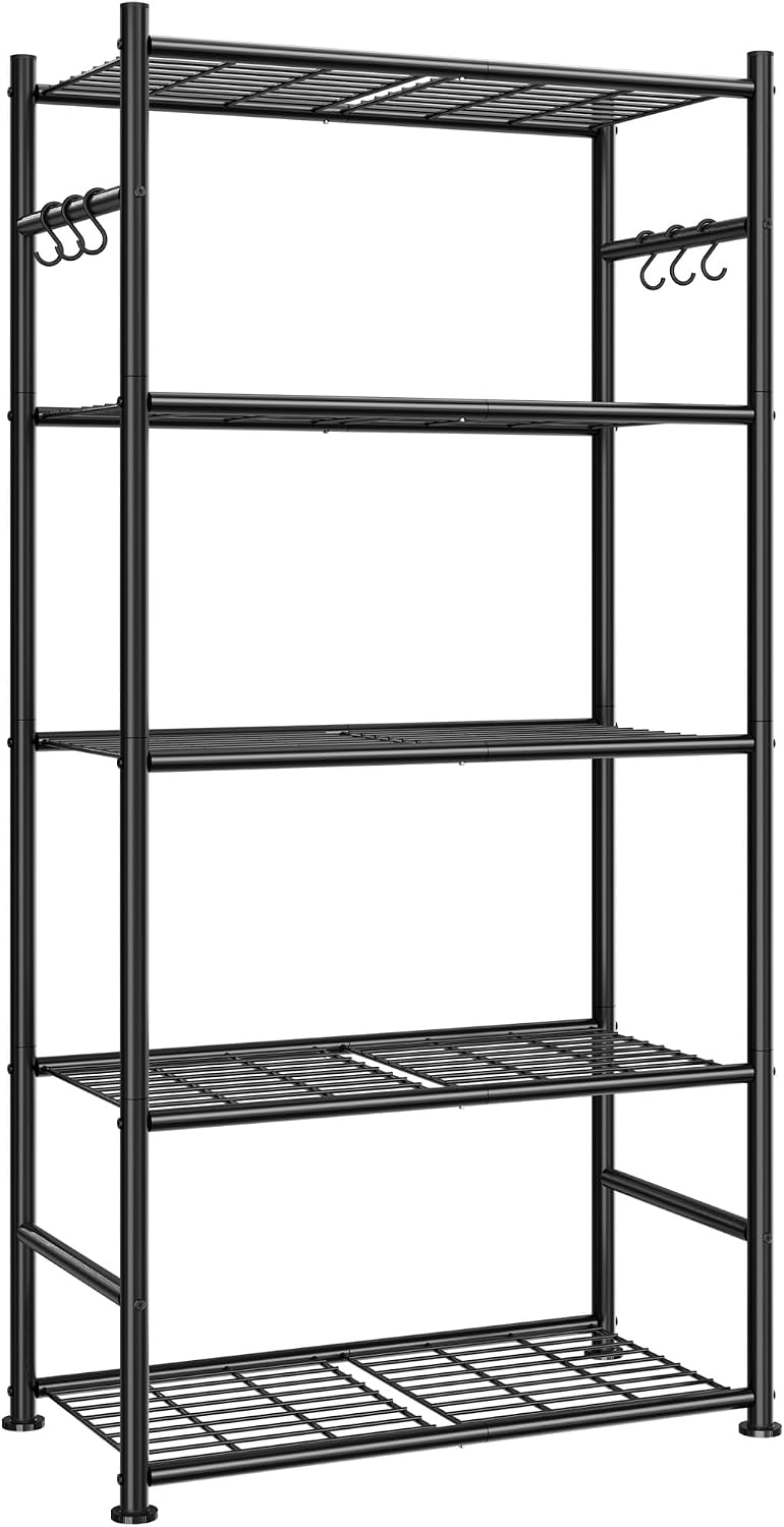 5-Tier Storage Shelves with Hooks, 23.6" x 13.7" x 59", Black