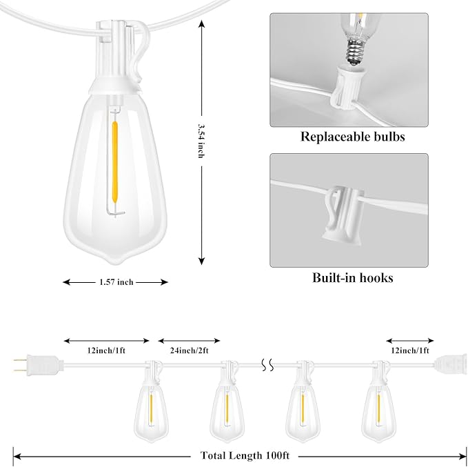 Brightever LED Outdoor String Lights,100FT Patio Lights with 52 Shatterproof ...