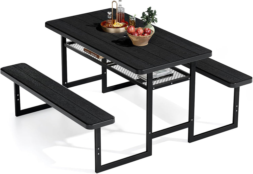 VINGLI 4.5FT Outdoor Picnic Table with Storage Shelf & Umbrella Hole, All...