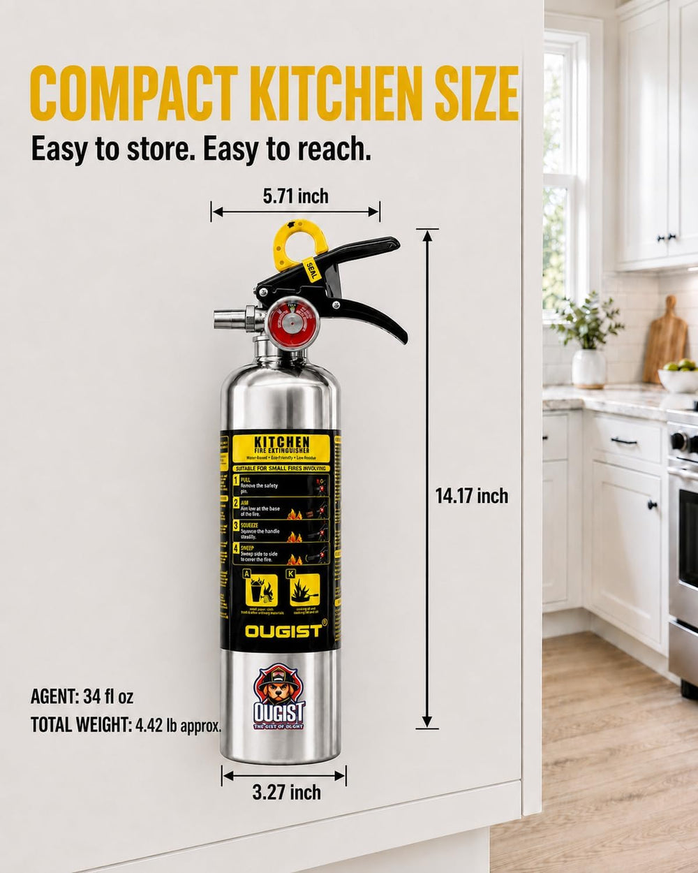 Ougist Class K Fire Extinguisher for Kitchen, 1-A:K, 34 Fl Oz Wet Chemical