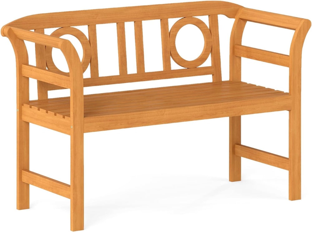Tangkula Acacia Wood Outdoor Bench, 2-Person Garden Bench, Circle Backrest