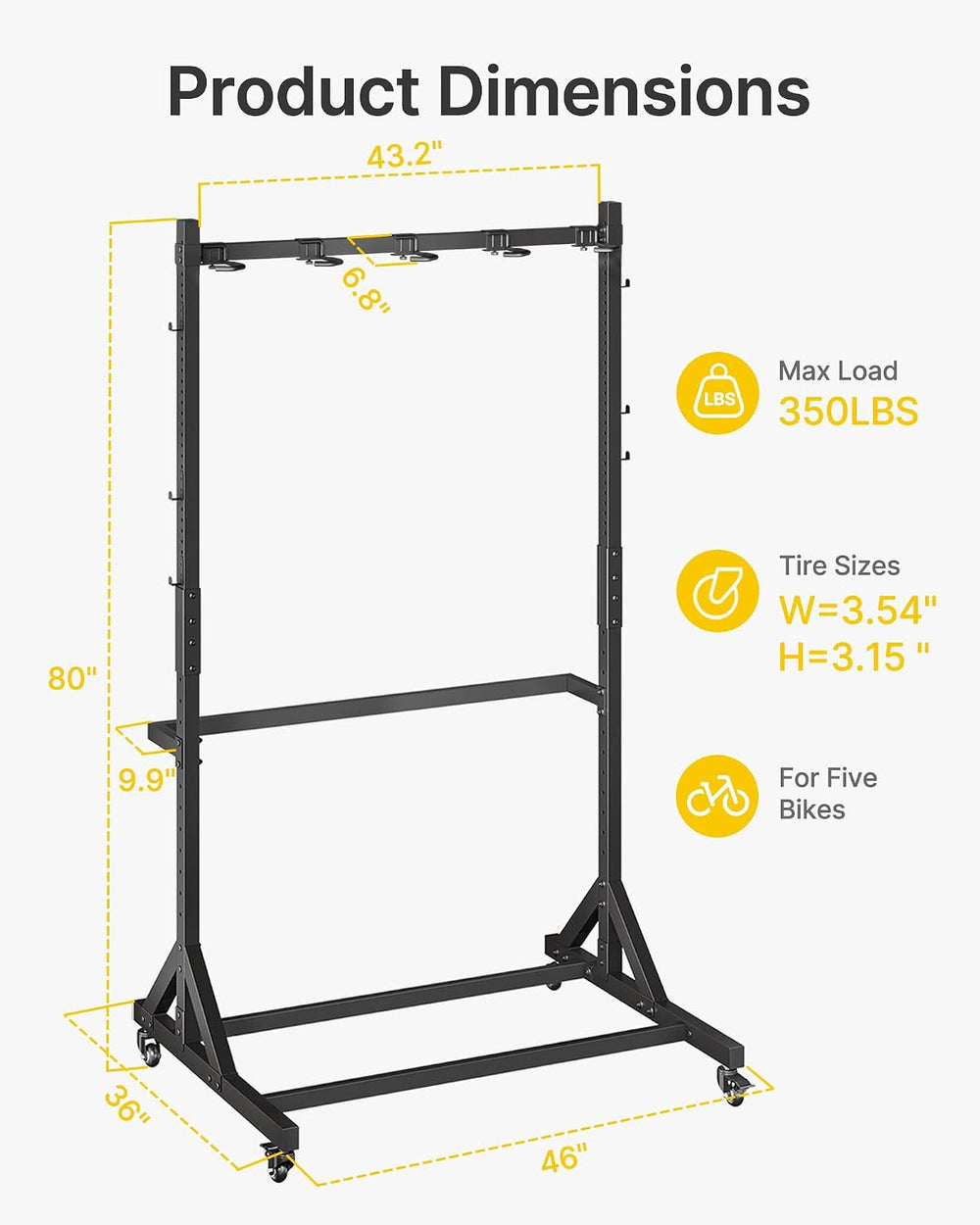 monTEK Freestanding Bike Storage Rack with Wheels for 5 Bikes