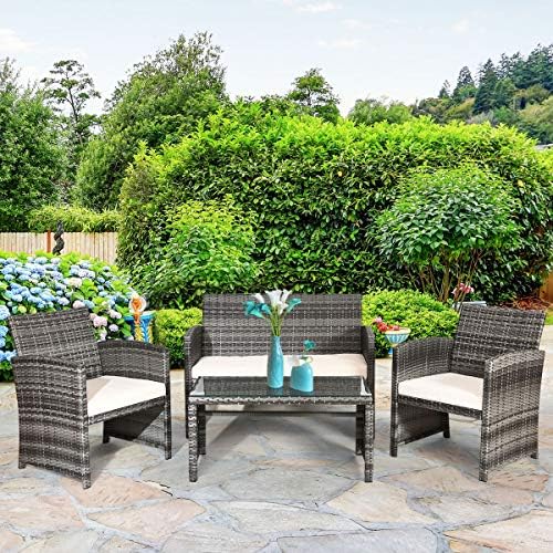 Tangkula 4 Pieces Wicker Patio Conversation Set, Outdoor Furniture