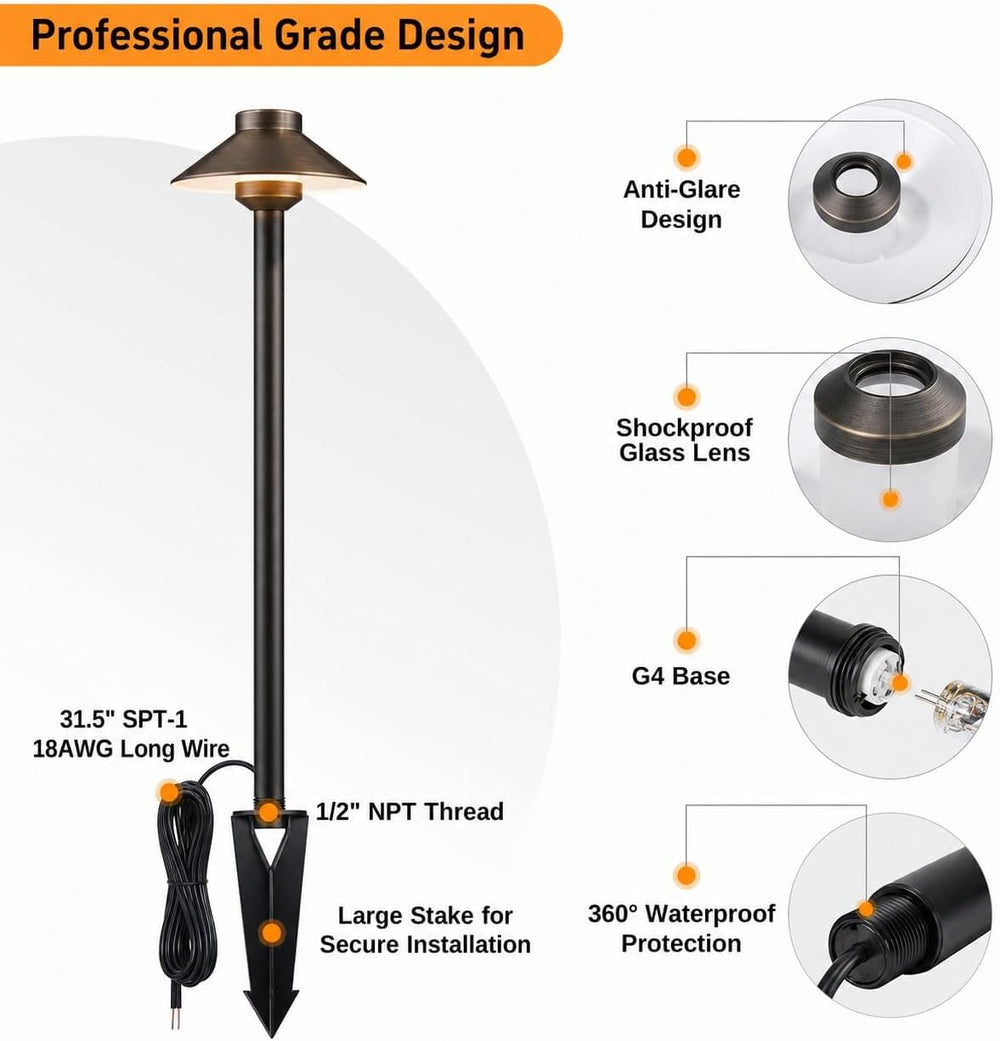 Brass Low Voltage Pathway Lights, 12V Hat-Top Bronze IP65 Waterproof LED Land...