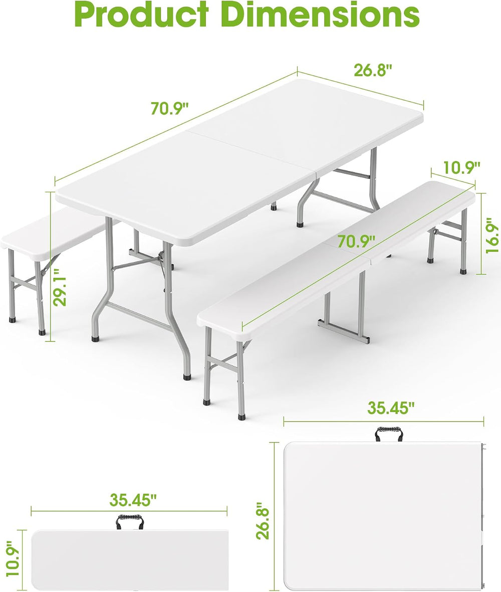Pureegg 6FT Folding Table and 2 Chairs Set, Sturdy, Picnic, White