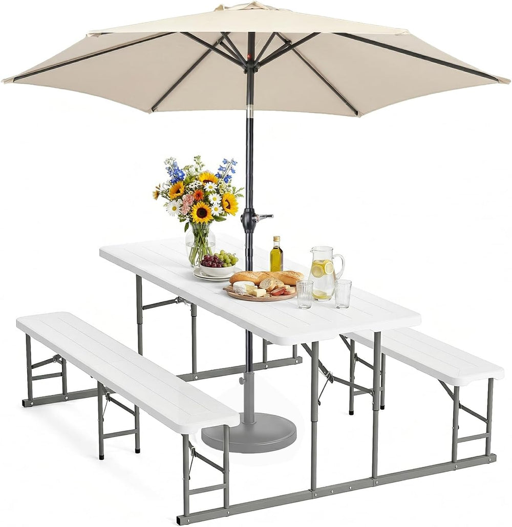 VINGLI Folding Picnic Table and Bench Set with Umbrella, Portable Outdoor Din...