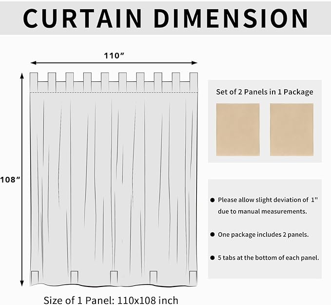 Easy-Going Outdoor Patio Curtains Detachable Tab Top Windproof Weatherproof C...