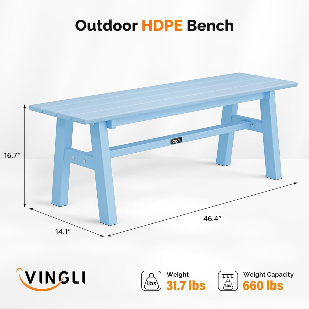 VINGLI 47” Outdoor HDPE Bench, Weatherproof Garden Bench w/Metal Legs, Poly L...