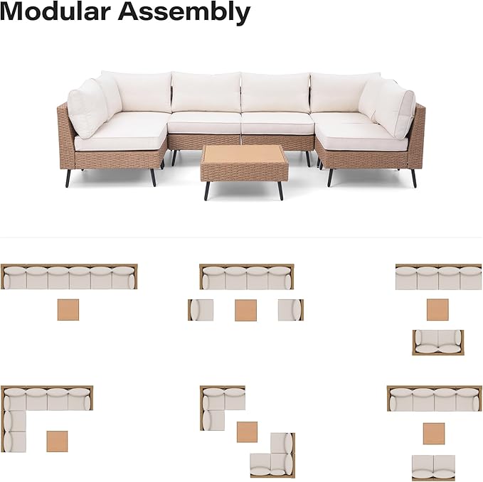 LAUSAINT HOME Outdoor Patio Furniture, 7 Piece Outdoor Sectional Sofa PE Ratt...