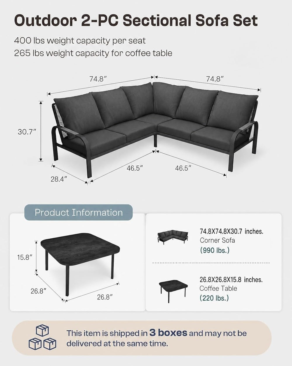 L-Shaped Aluminum Patio Conversation Set Outdoor Sectional Sofa Set, Gray