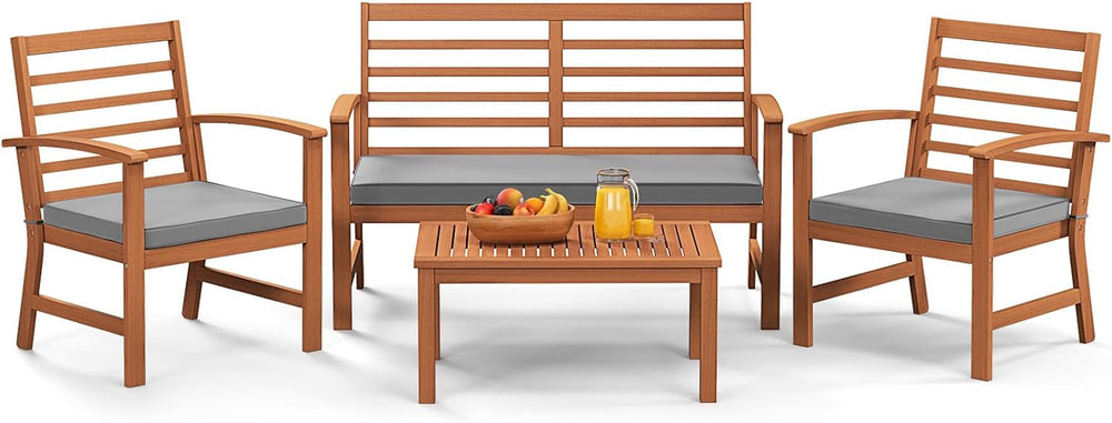 Tangkula 4 Pieces Outdoor Furniture Set, Acacia Wood Conversation Set w/Soft ...