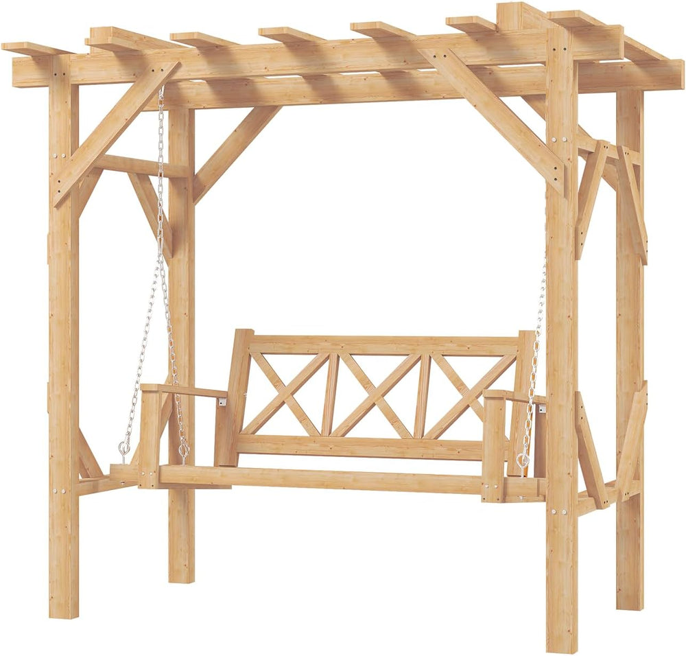 Aoxun Cedar Wood Pergola Porch Swing with 3-Seat Hanging Bench, Natural