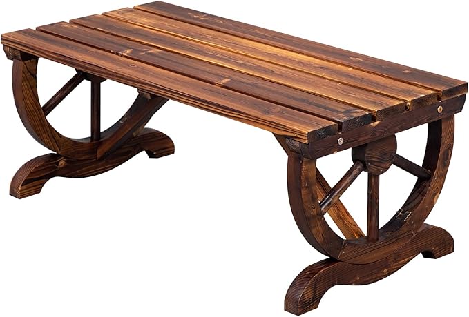 VINGLI Rustic Wooden Wheel Bench Outdoor Bench, Patio Bench Wagon Slatted Sea...