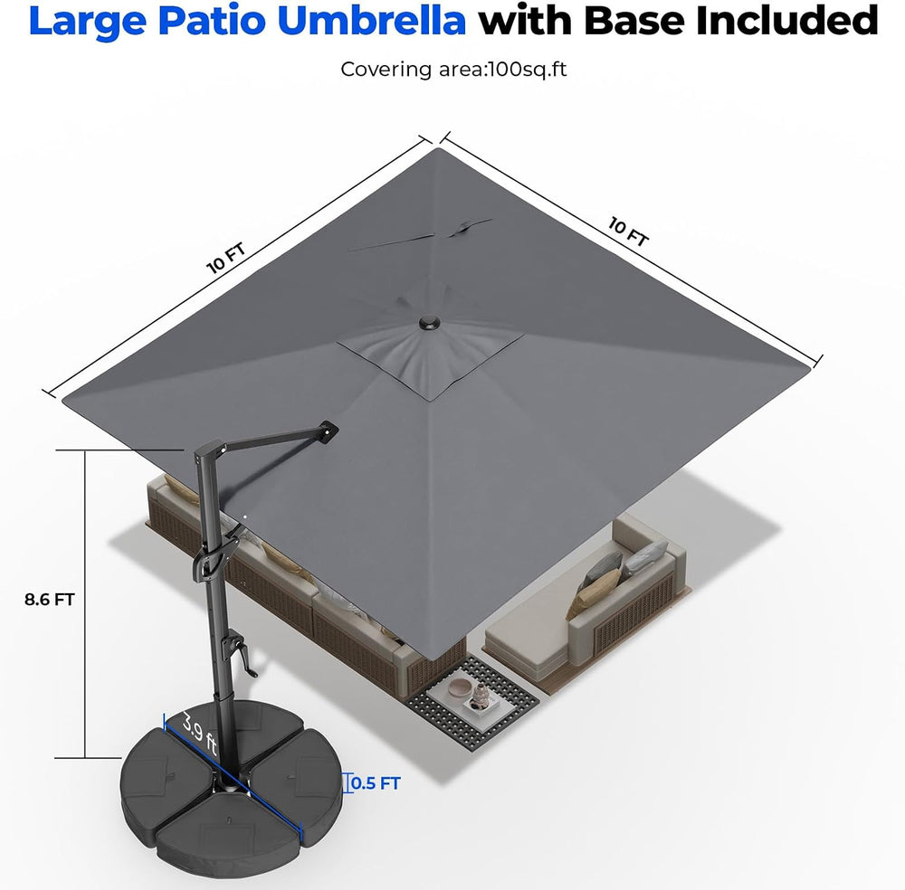 10x10 FT Cantilever Patio Umbrella with Base Included, Grey
