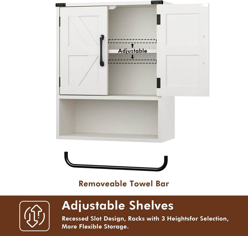 RUSTOWN Farmhouse Wall Storage Cabinet with 2 Barn Door & Towel Rack