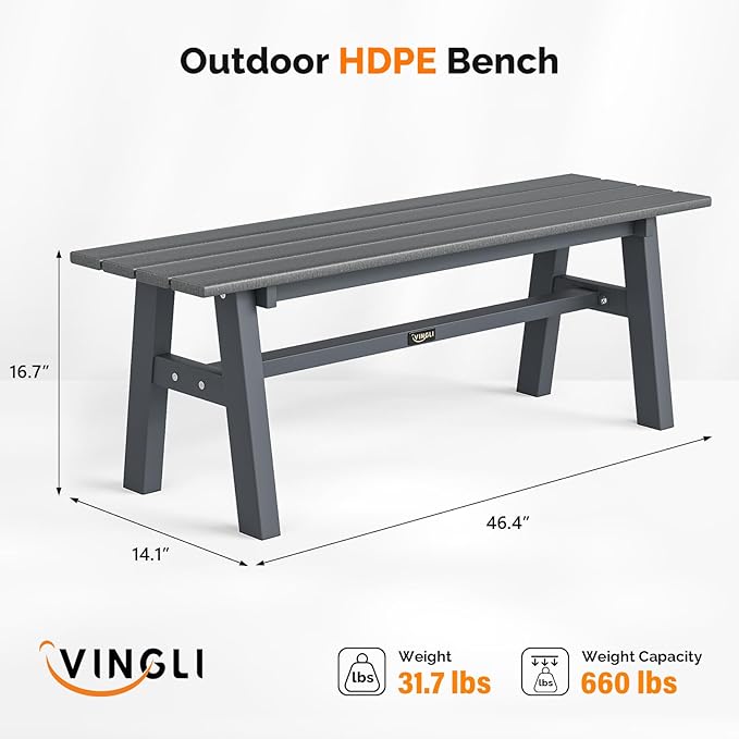 VINGLI 47” Outdoor Bench Garden Bench HDPE Porch Bench w/Metal Legs, Poly Lum...