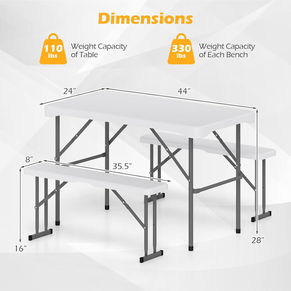 GIANTEX Folding Picnic Table Set w/ 2 Benches, 44" HDPE, White