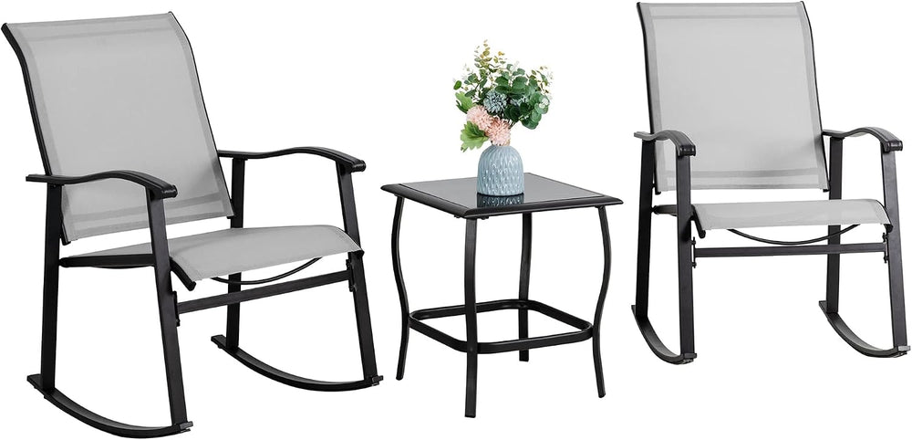 Vongrasig 3 Piece Outdoor Rocking Bistro Set, Textilene Fabric Small Patio Fu...