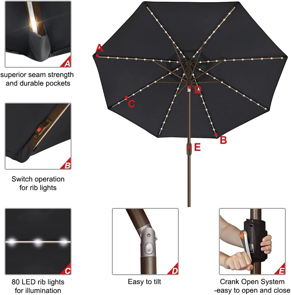 EliteShade USA 10-Year-Non-Fading Solar Market Umbrella with 80 LED Lights Pa...