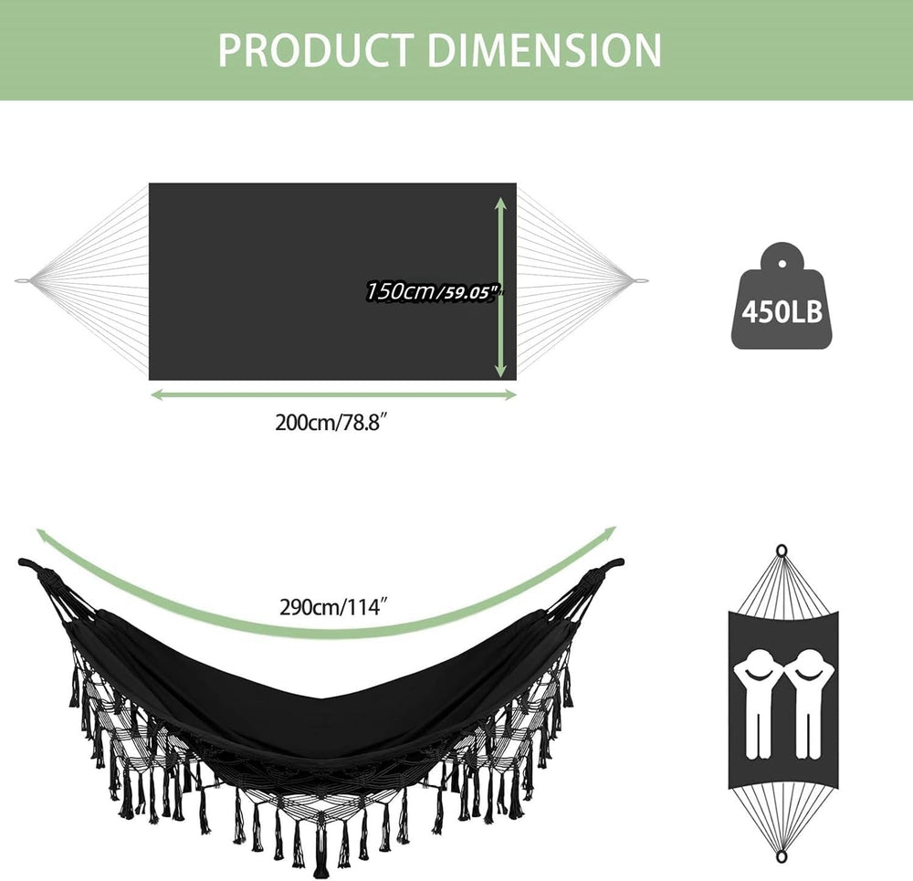 Goutime Double Hammock,Macrame Boho Portable Camping Tree Hammock,Black