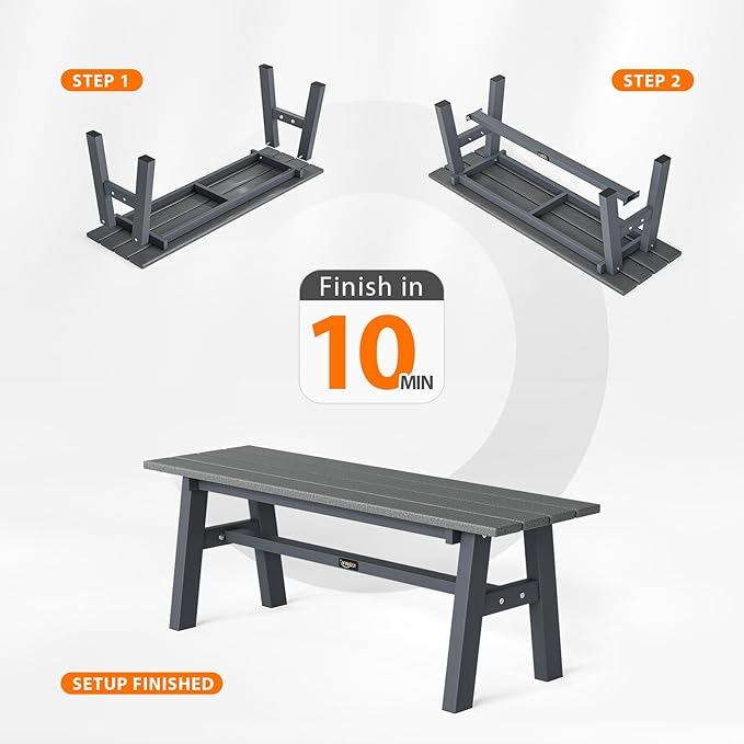 VINGLI 47” Outdoor Bench Garden Bench HDPE Porch Bench w/Metal Legs, Poly Lum...