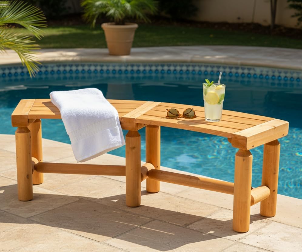 Outdoor Curved Backless Porch Bench, Cedar/Fir Wood Fire Pit Bench, Brown