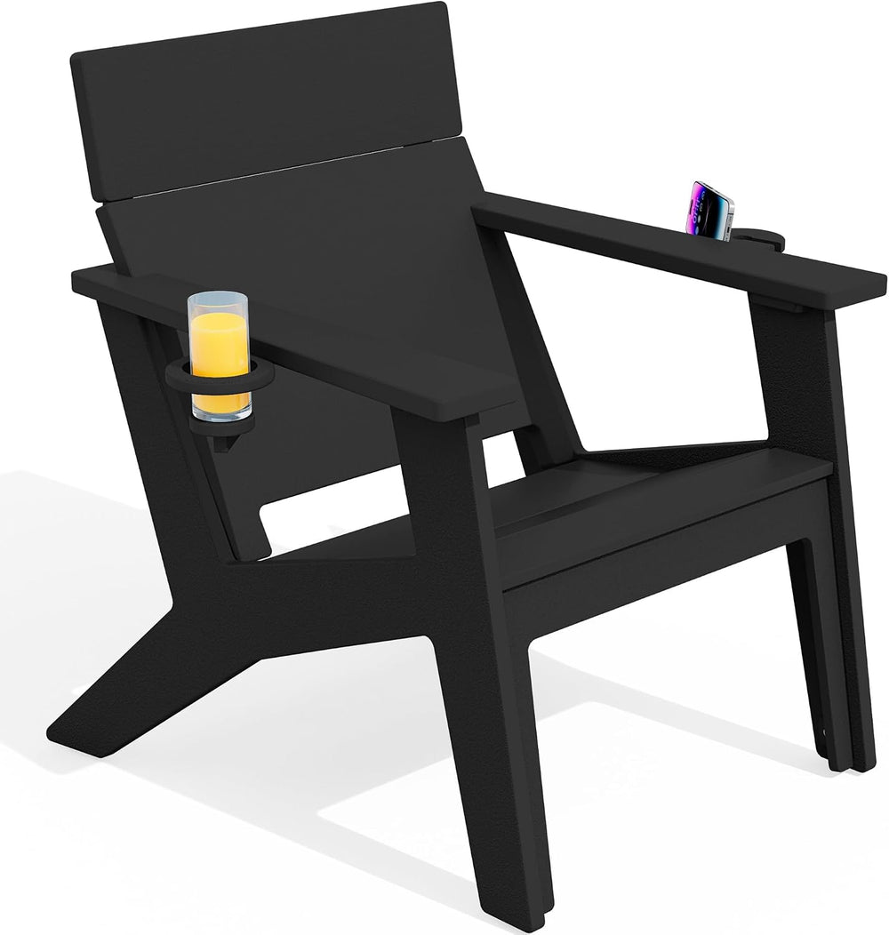 SERWALL Modern Adirondack Chair Tall Lounge Chair with Cup Holder, Black