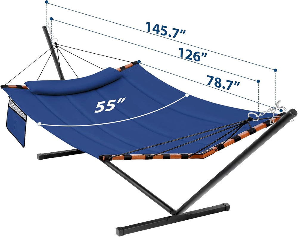 12FT 2 Person Hammock with Stand V-Shape Spreader Bar -Deep Blue