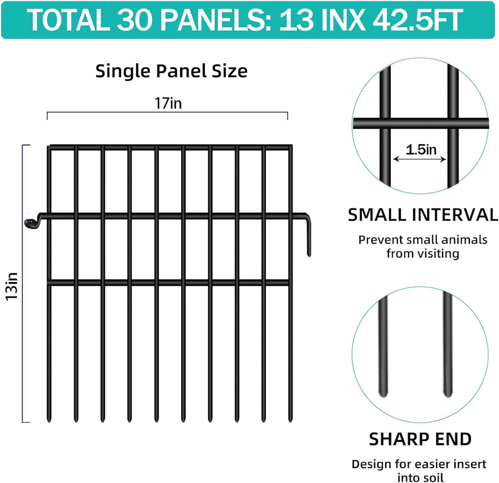 30 Panels Animal Barrier Fence, No Dig Fences, 13in(H) X 42.5ft(L) Garden Fen...
