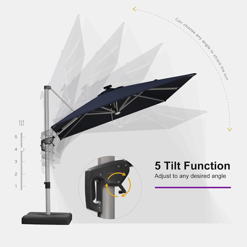 PURPLE LEAF Cantilever Patio Umbrella 10' X 10' Solar LED Light, Navy...