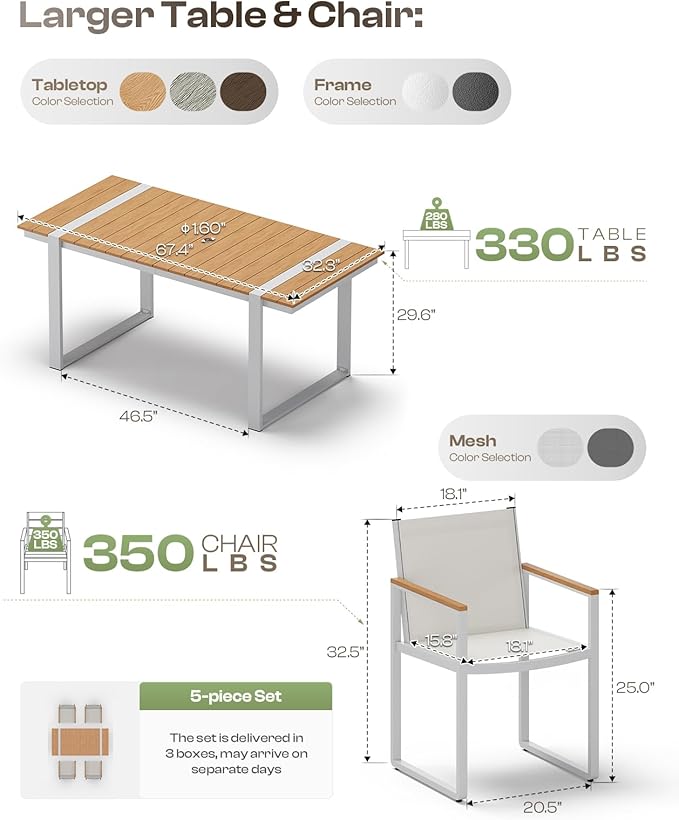 Outdoor Dining Table for 6, HDPS+ Aluminum Patio Dning Table with U-Shape Leg...