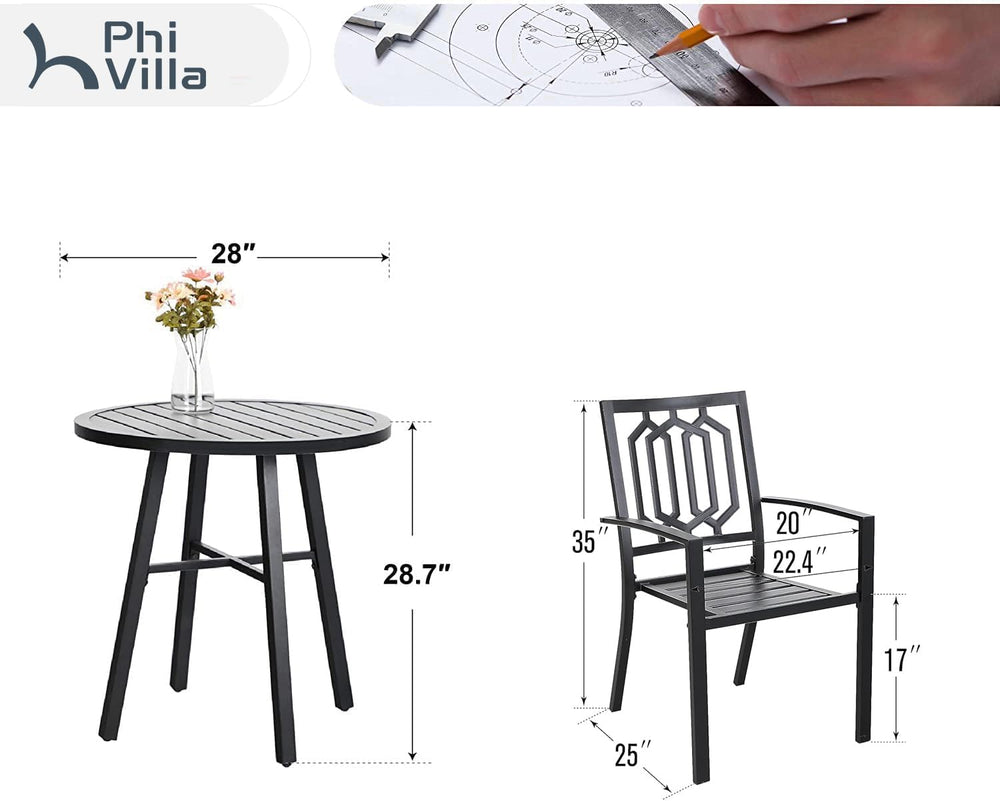 PHI VILLA 3 Piece Metal Patio Bistro Set, 28" Round Table
